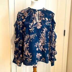J. Crew Collection - Silk Ruffled Floral Blouse - Navy/Tan - Size L